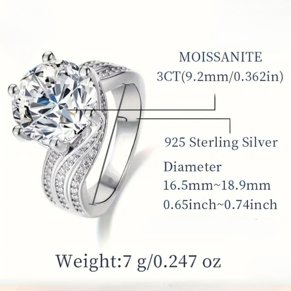 MOISSANITE 925SS | Sz 7 | 3 Carat WG Simulated Diamond w/ GRA Certification NWT - Picture 4 of 10